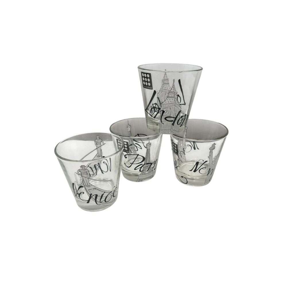 CERVE ITALY Set Of 4 City Whiskey Glasses Paris New York‎ London Venice EUC READ